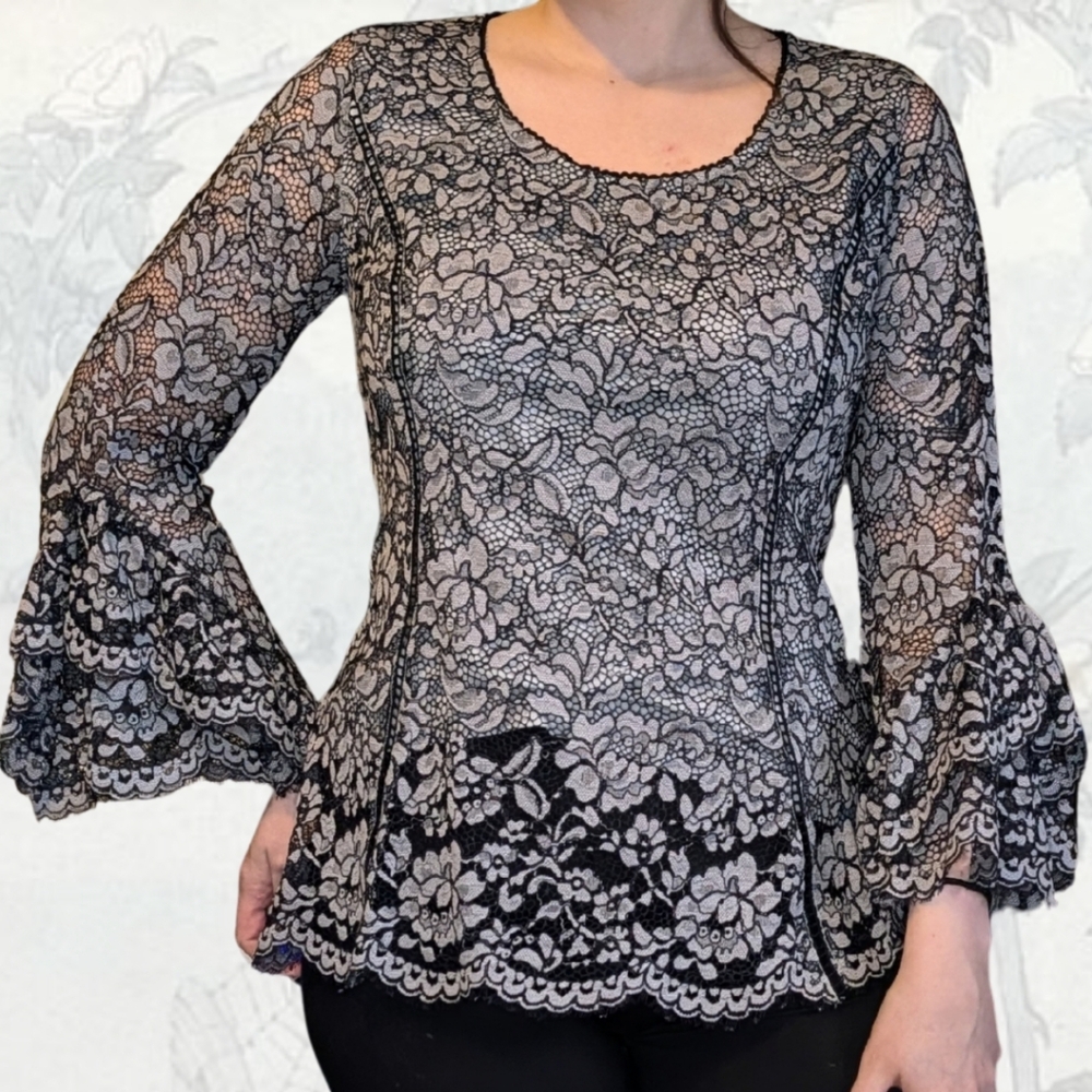 Bell Sleeve Black and Gray Lace Women's Top